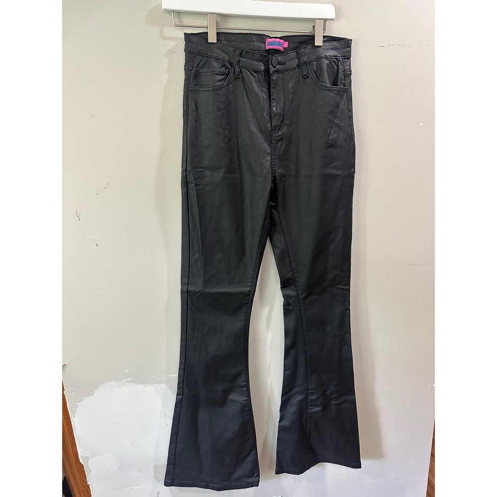 Edikted Black Coated Flare Leg High Waisted Pants Faux Leather Look Size S